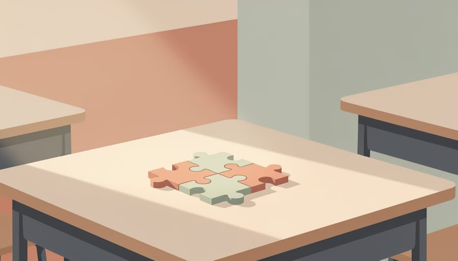 Warm desk lamp light illuminating scattered colorful puzzle pieces on a tabletop.
