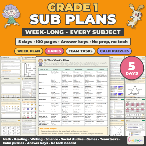 Week Long Sub Plans for 1st Grade, Emergency Sub Plans for Every Subject, No Prep, 5 Days, 100 Pages