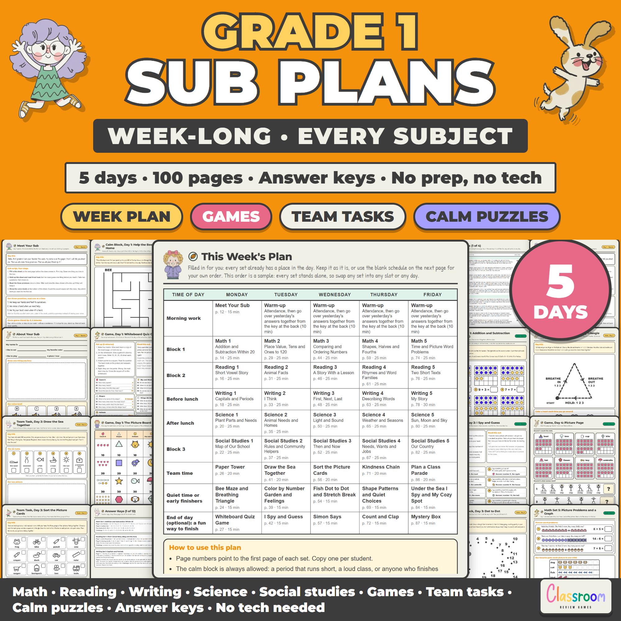 Week Long Sub Plans for 1st Grade, Emergency Sub Plans for Every Subject, No Prep, 5 Days, 100 Pages