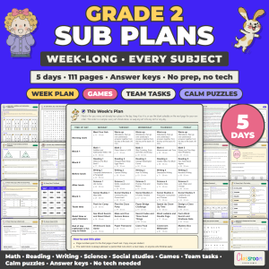 Week Long Sub Plans for 2nd Grade, Emergency Sub Plans for Every Subject, No Prep, 5 Days, 111 Pages