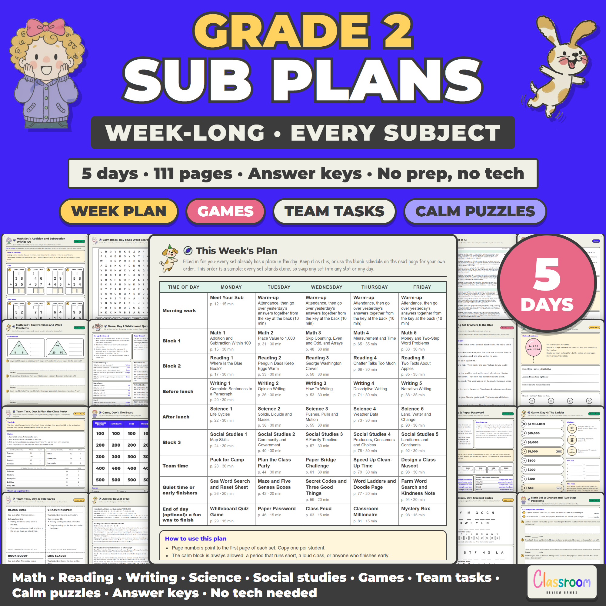 Week Long Sub Plans for 2nd Grade, Emergency Sub Plans for Every Subject, No Prep, 5 Days, 111 Pages