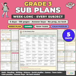 Week Long Sub Plans for 3rd Grade, Emergency Sub Plans for Every Subject, No Prep, 5 Days, 130 Pages