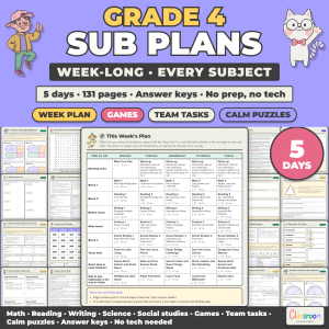 Week Long Sub Plans for 4th Grade, Emergency Sub Plans for Every Subject, No Prep, 5 Days, 131 Pages
