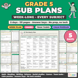 Week Long Sub Plans for 5th Grade, Emergency Sub Plans for Every Subject, No Prep, 5 Days, 131 Pages