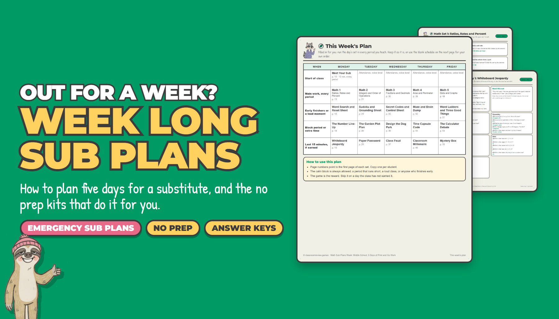 Week long sub plans: a filled-in Monday to Friday plan page from a no prep emergency sub plans kit