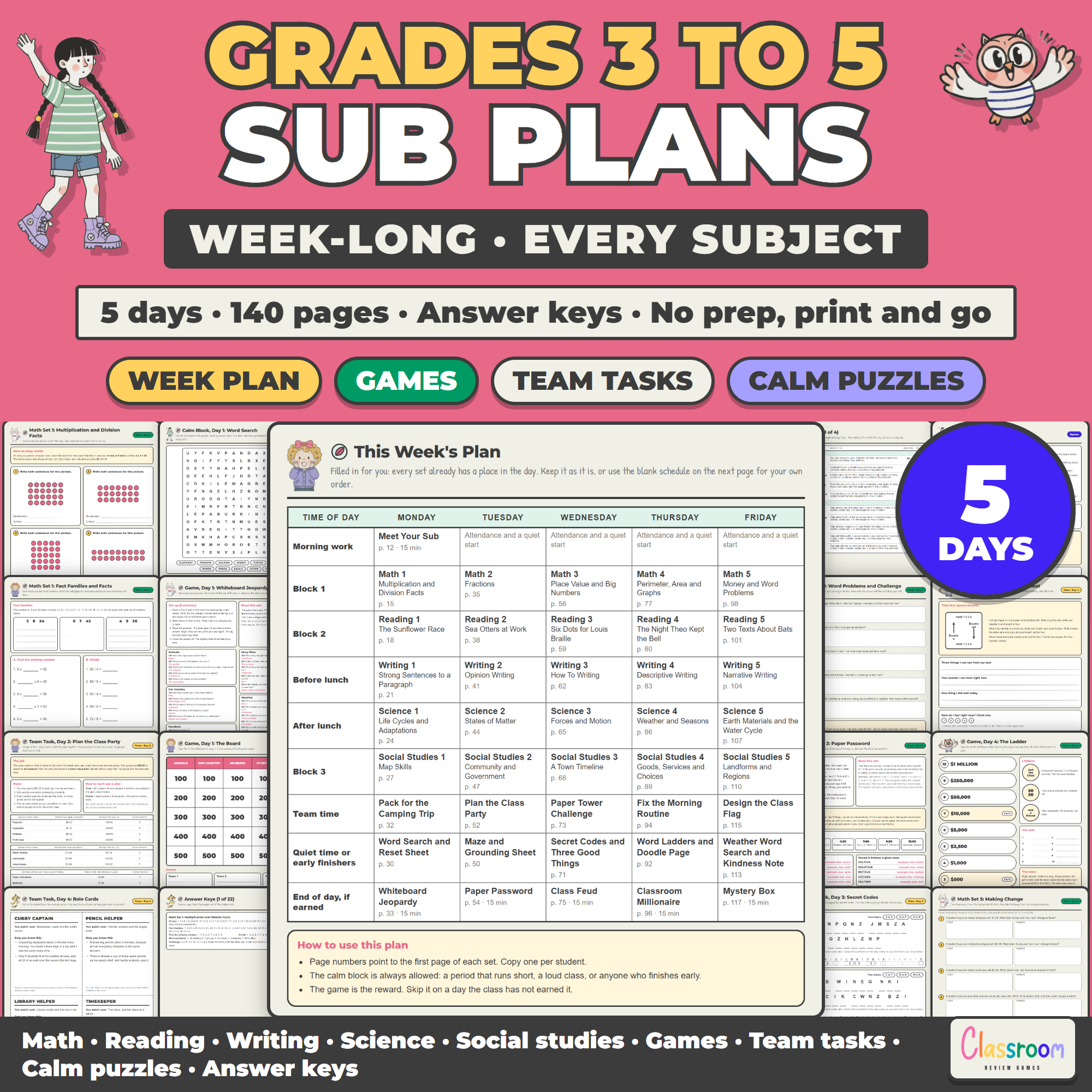 Week Long Sub Plans for Grades 3 to 5, Emergency Sub Plans for Every Subject, No Prep, 5 Days, 140 Pages