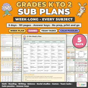 Week Long Sub Plans for Kindergarten to 2nd Grade, Emergency Sub Plans for Every Subject, No Prep, 5 Days, 101 Pages
