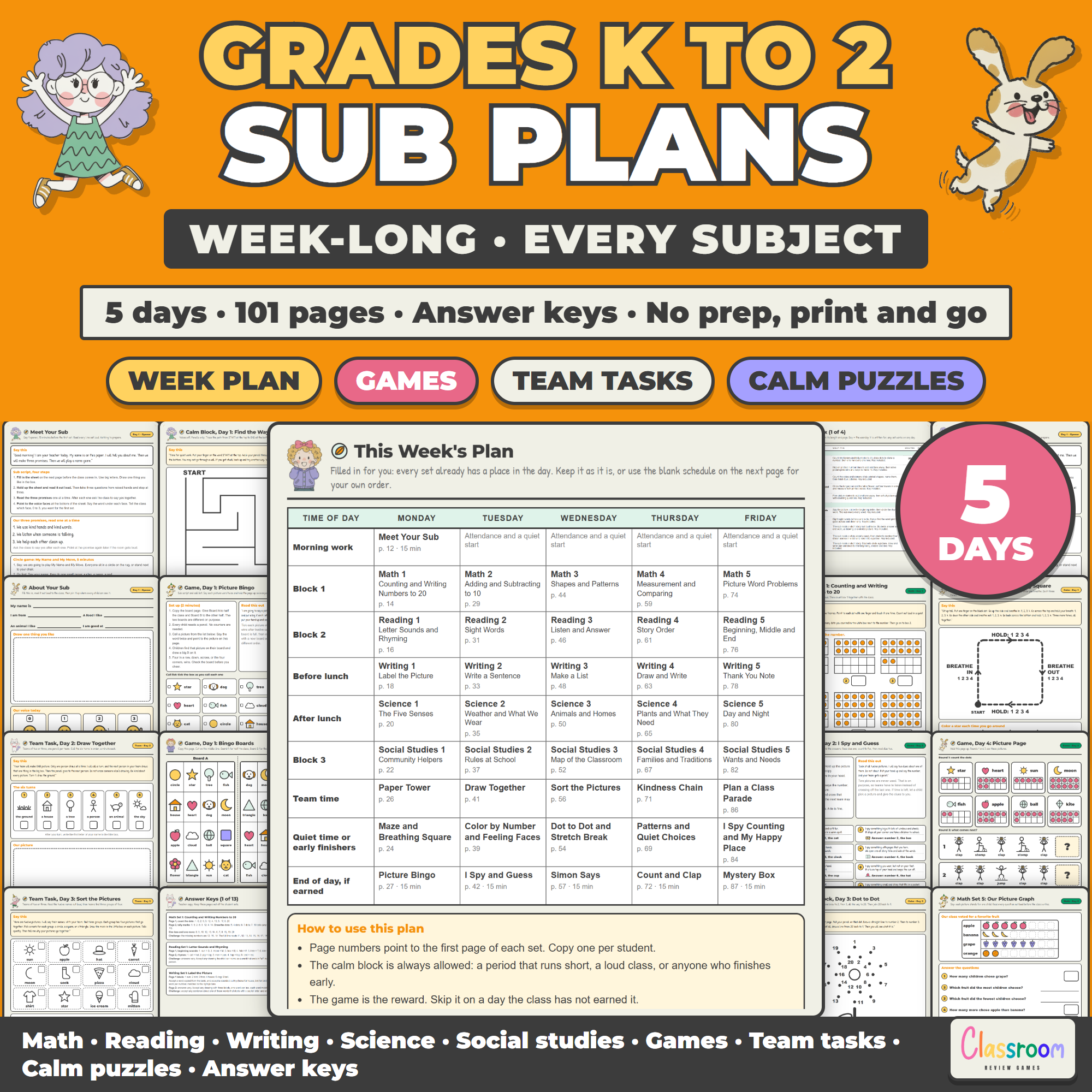 Week Long Sub Plans for Kindergarten to 2nd Grade, Emergency Sub Plans for Every Subject, No Prep, 5 Days, 101 Pages