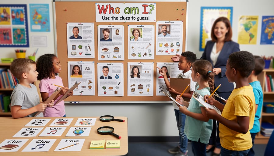 Magnifying glass and clue picture cards with a student pointing while solving a riddle puzzle