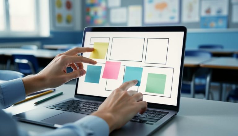 Teacher’s hands organizing modular, empty slide layout placeholders on a laptop in a classroom, symbolizing adaptive PowerPoint template design.