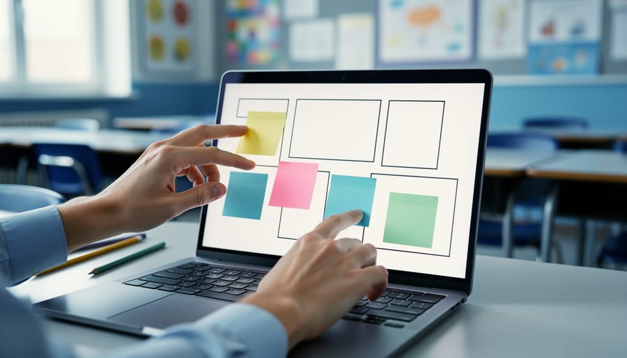 Teacher’s hands organizing modular, empty slide layout placeholders on a laptop in a classroom, symbolizing adaptive PowerPoint template design.