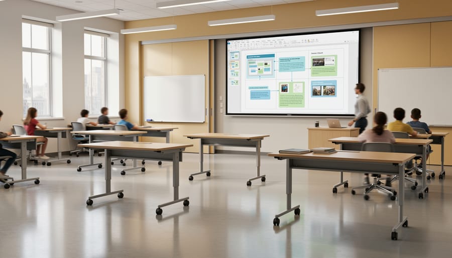 Adjustable whiteboard with removable magnetic panels positioned differently to suggest flexible layout adaptation.
