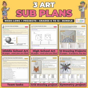 3 Art Sub Plans Bundle, Grades 6 to 12, Week Long Middle and High School Art Sub Plans plus 12 Drawing Projects, No Prep, 156 Pages