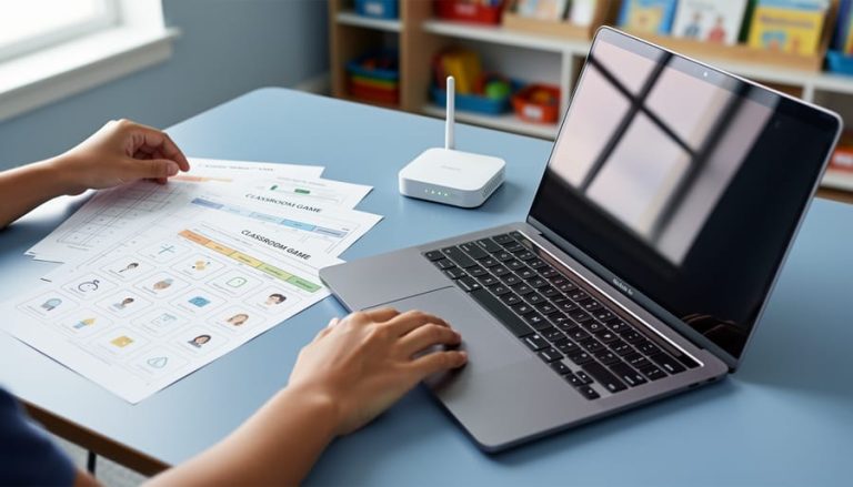 Teacher’s hands organizing classroom game template materials next to a laptop and network router, suggesting automated CI/CD updating for classroom resources.