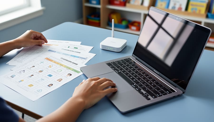 Teacher’s hands organizing classroom game template materials next to a laptop and network router, suggesting automated CI/CD updating for classroom resources.