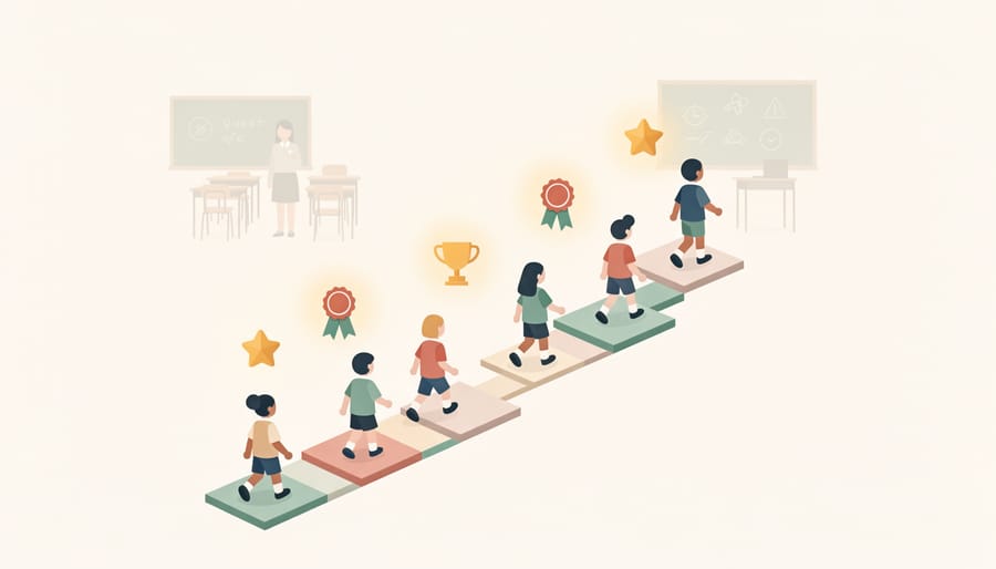 Students wearing colorful reward wristbands during a gamified classroom activity