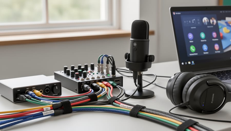 Close-up of classroom audio equipment including a microphone, speaker, and connected laptop