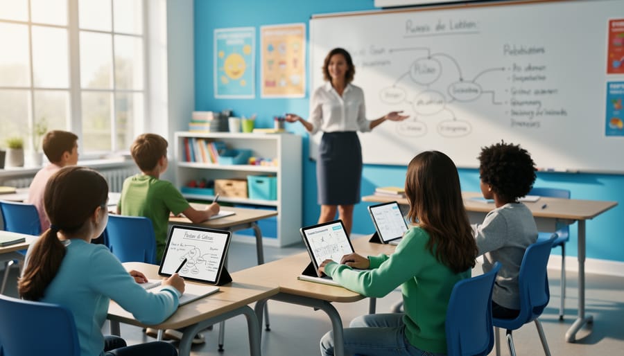 Teacher leading students in a modern classroom during an organized change-management rollout with notebooks and tablets.