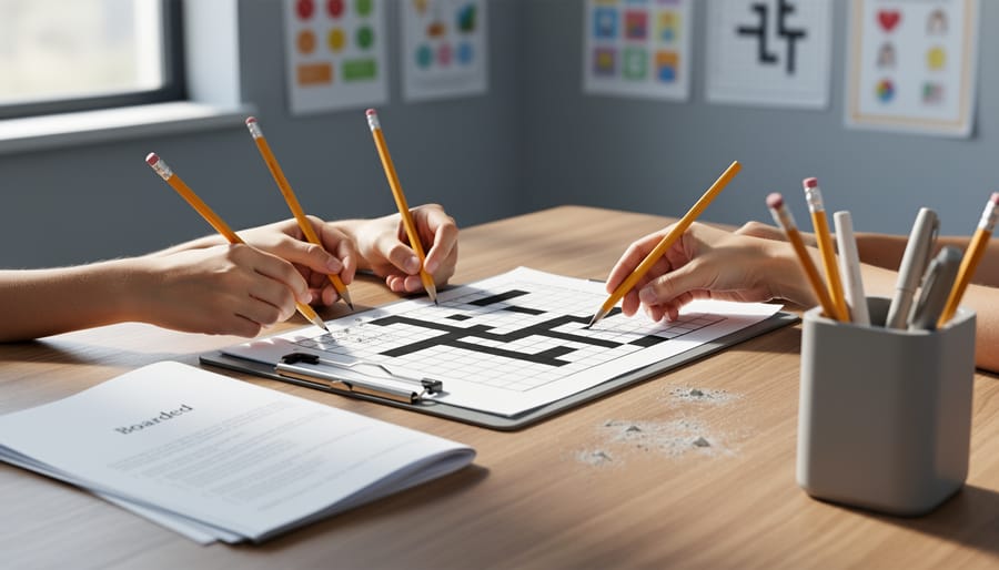 Students in a classroom using pencils to solve a crossword puzzle on a desk, demonstrating clue-solving practice.