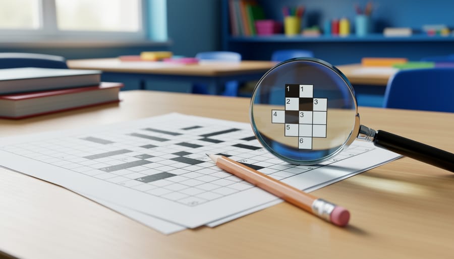 A crossword puzzle on a classroom table with a magnifying glass and pencil positioned nearby, representing learning to recognize clue patterns.