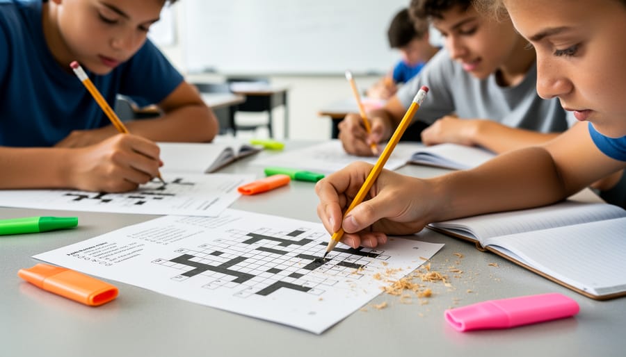 Classroom desk with a crossword puzzle and pencil, showing learning materials for solving clues