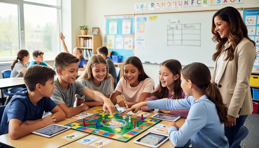Teacher and students collaborating over a classroom game at a table