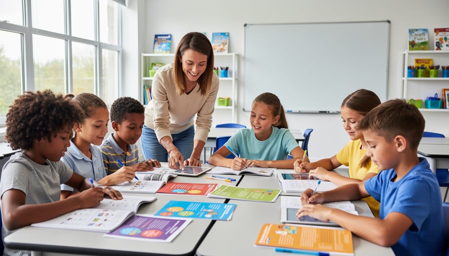 Teacher demonstrating a classroom game using printed materials on a table while students practice nearby.