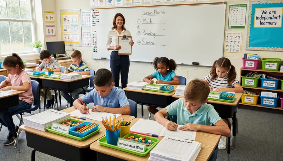 Classroom desk setup with independent work materials like manipulatives and puzzle worksheets