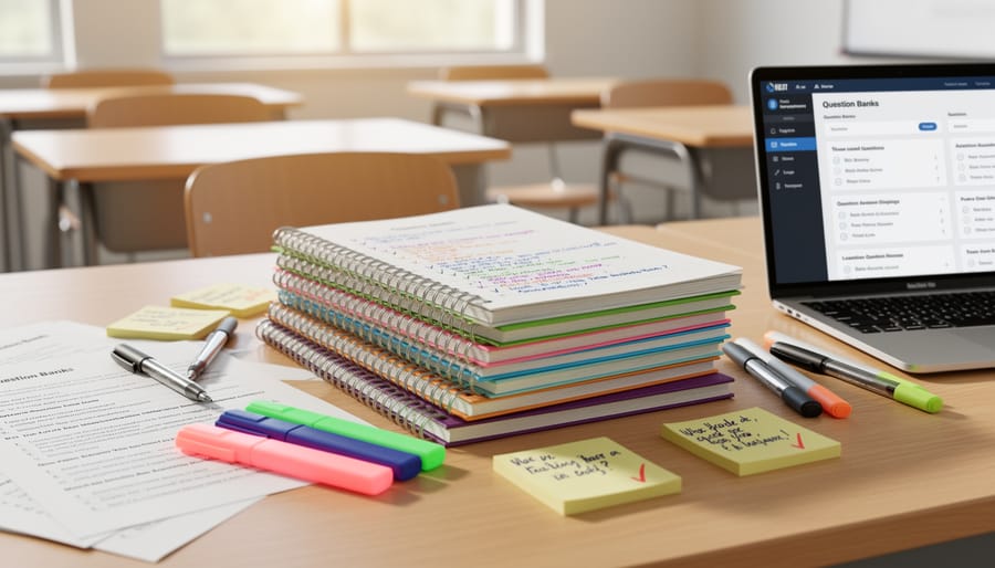 Stack of notebooks and books on a classroom table near a tablet and whiteboard