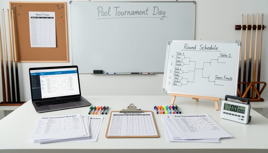 Pool tournament bracket sheets, rosters, and scoring pencils on a classroom table next to pool equipment.