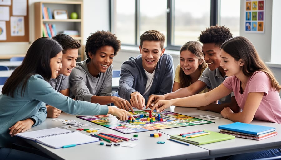 Students collaborating around an educational board game in a classroom while using learning tools.