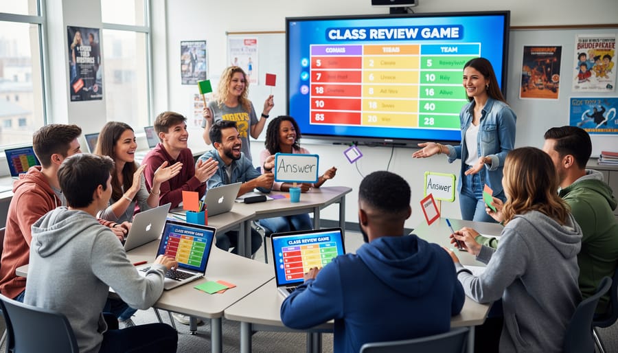 Students using tablets and laptops together while playing an interactive classroom review game.