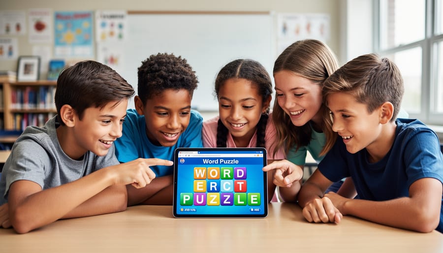 Students in a classroom working together with a tablet while solving a word puzzle.