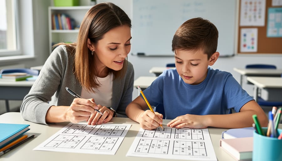 Teacher and student looking at printed Sudoku worksheets at a classroom desk.
