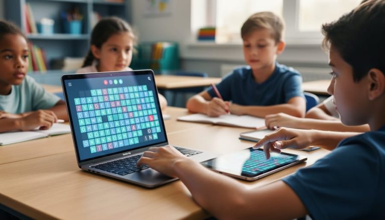“Students’ hands using a laptop and tablet at a classroom desk to play an online word-search puzzle shown as an abstract grid pattern.”