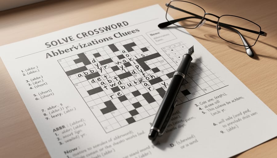 Crossword puzzle book open on a desk with a pencil hovering above the grid