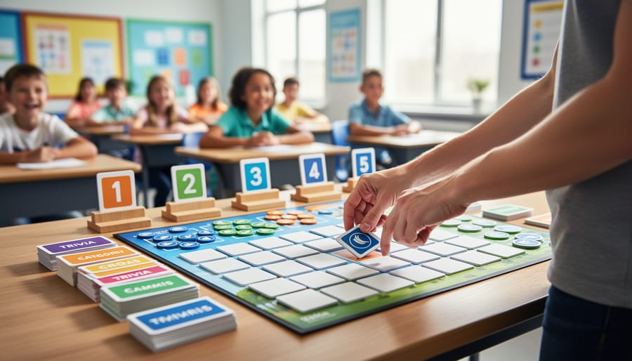“Teacher arranging colorful classroom game pieces and blank game tiles for a learning competition while students watch in the background.”