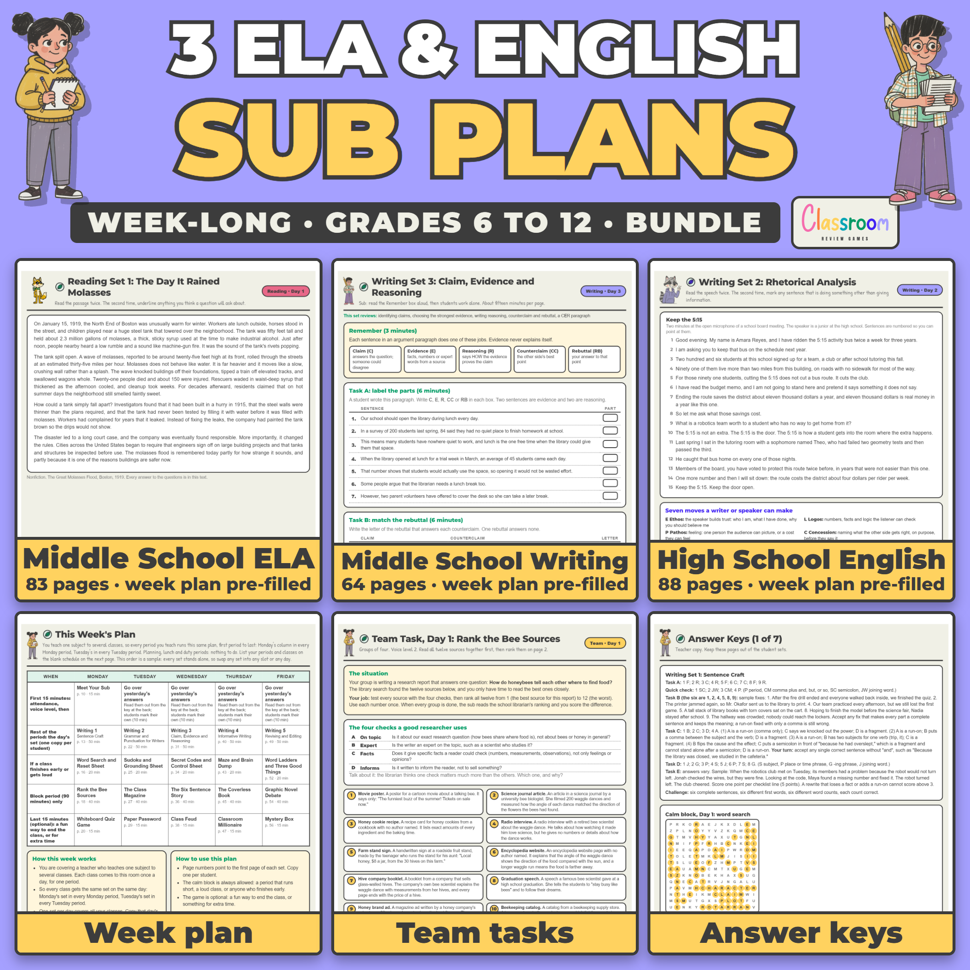 3 ELA and English Sub Plans Bundle, Grades 6 to 12, Week Long Emergency Sub Plans Kits for Middle and High School, No Prep, 235 Pages
