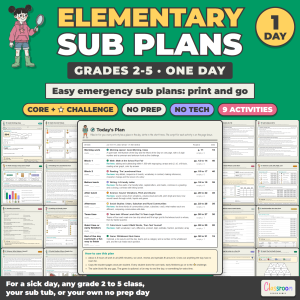 Elementary Sub Plans, Emergency Substitute Binder, 9 No Prep Activities, Grades 2-5