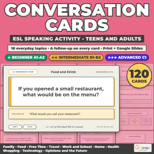 ESL Conversation Cards, Speaking Activity for Beginner to Advanced Teens and Adults, 120 Printable Cards and Google Slides