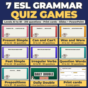 7 ESL Grammar Games Bundle: Grammar Review Quiz Games for ESL and ELL, 210 Questions with Printable Cards, Levels A1 to B1, Google Slides and PowerPoint