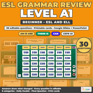 ESL Grammar Review Game A1, Beginner Grammar Quiz Game for ESL and ELL, Google Slides and PowerPoint