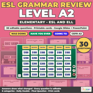 ESL Grammar Review Game A2, Elementary Grammar Quiz Game for ESL and ELL, Google Slides and PowerPoint