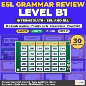 ESL Grammar Review Game B1, Intermediate Grammar Quiz Game for ESL and ELL, Google Slides and PowerPoint