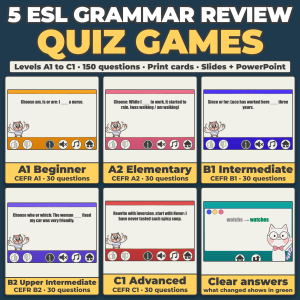 5 ESL Grammar Review Quiz Games, A1 to C1: Level Bundle for ESL and ELL, 150 Questions with Printable Cards, Google Slides and PowerPoint