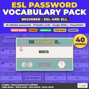 ESL Password Game, Beginner Vocabulary Pack: Body Parts, Food, Animals, Feelings, Family, Google Slides and PowerPoint