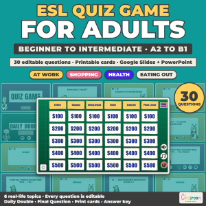 ESL Quiz Game for Adults, Beginner to Intermediate A2-B1, Everyday English Review Game, Google Slides and PowerPoint