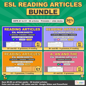 ESL Reading Articles Bundle: 36 Leveled Reading Comprehension Passages and Gap Fill Grammar Worksheets, CEFR A1 to C1, Printable Workbooks plus Google Slides and PowerPoint