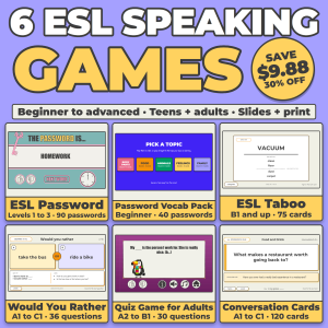 6 ESL Speaking Games Bundle: ESL Password, Taboo, Would You Rather, Quiz Game for Adults and Conversation Cards, Speaking Activities for Teens and Adults, Google Slides and PowerPoint