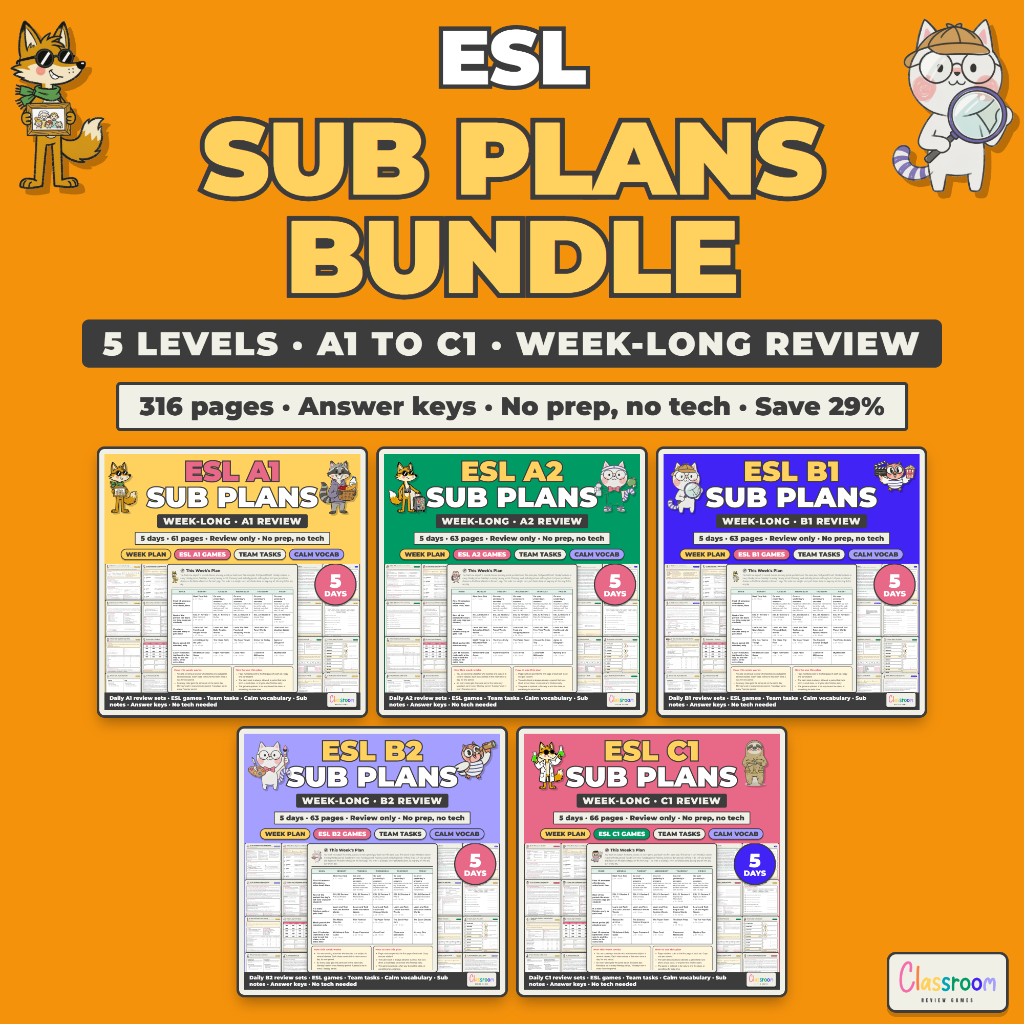 ESL Sub Plans Bundle, Levels A1 to C1, Week Long Emergency Sub Plans for Every ESL and ELL Class, No Prep, 316 Pages